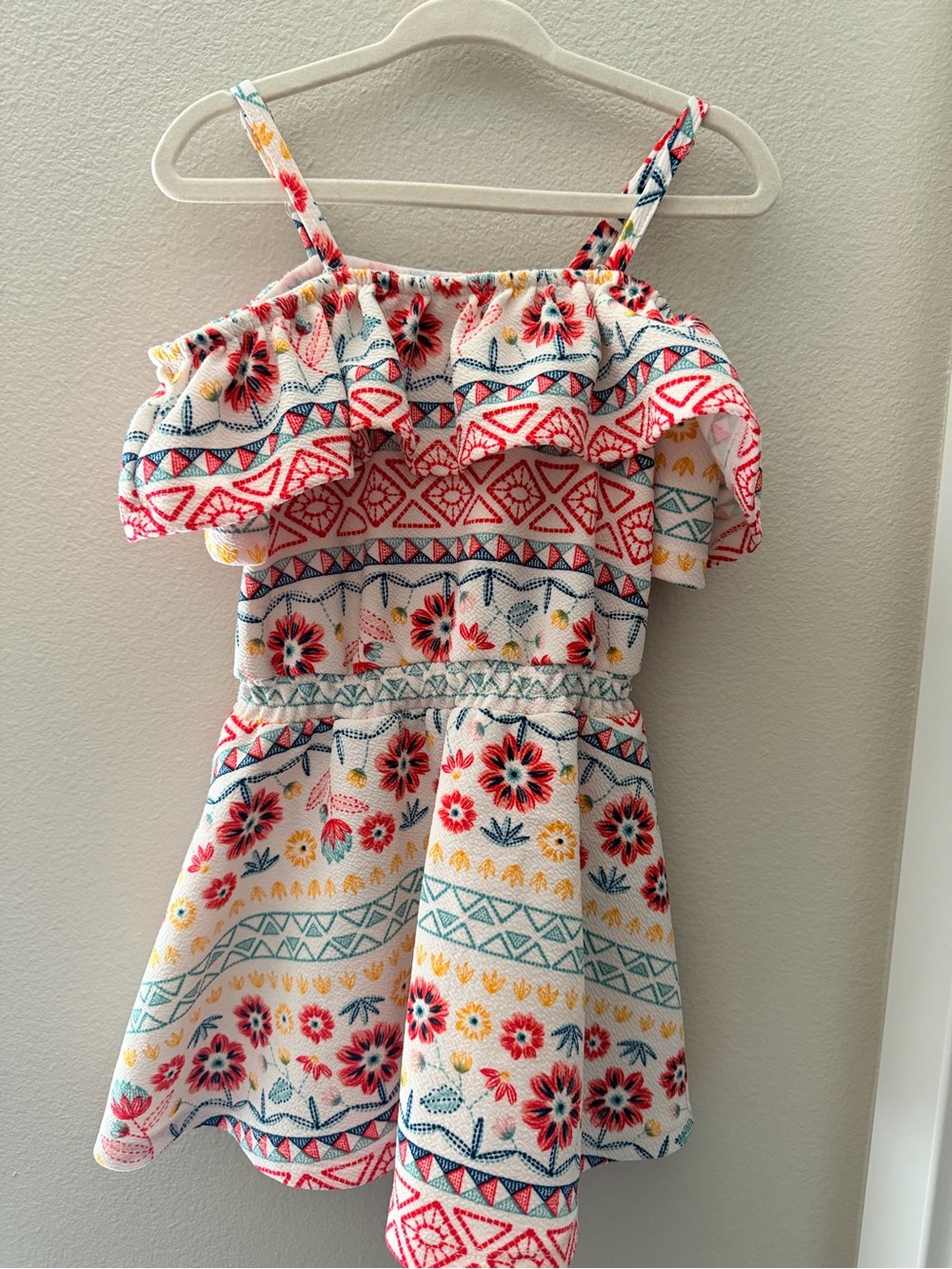 Girls Floral Off-Shoulder Sundress - White with Red & Blue Pattern
